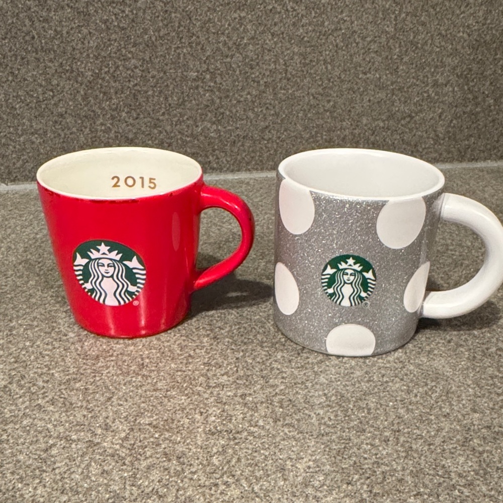 Starbucks Red and Glittery Silver Mugs